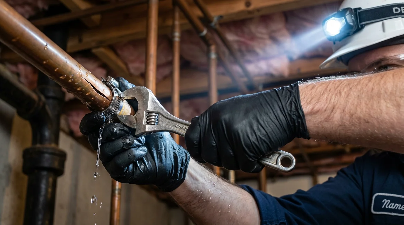 Emergency pipe clamp repair being performed by a Johns Plumbing LLC plumber in El Mirage